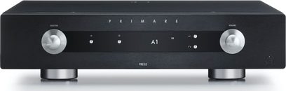Primare PR35 sort stereoforstuver, frontvisning, 2 sølvfarvede drejeknapper, digitalt display, vælger, lydstyrke