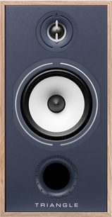 Altavoz de estantería Triangle BR04 con caja rectangular en chapa de madera clara, frontal azul mate, tweeter negro protegido por una barra vertical plateada, gran altavoz de medios-graves blanco rodeado de negro y puerto circular bass-reflex alineados verticalmente, vista frontal