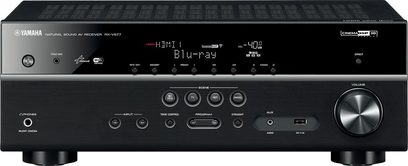 Yamaha RX-V577 Schwarz Heimkino-Verstärker, Frontansicht, blaue Anzeige, silberne Knöpfe und Regler