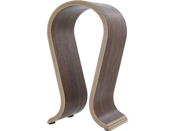Supporto per cuffie in legno curvato a forma di omega, composto da due archi verticali collegati da una base orizzontale, in noce scuro