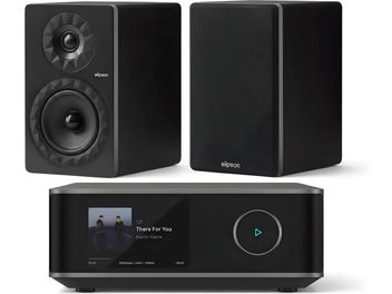 Črn hi-fi sistem Elipson z dvema knjižnima zvočnikoma in omrežnim ojačevalnikom z zaslonom, pogled od spredaj