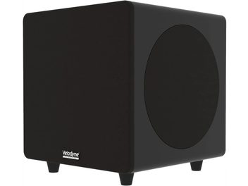 Velodyne Deep Waves 12 fekete mélyláda, lábakon álló kocka formájú dizájn, oldalsó kerek hangszóróval, háromnegyedes nézetben