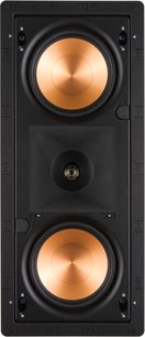 Klipsch PRO-250RPW LCR indbygget højttaler, frontvisning, to runde, forgyldte højttalere i et rektangulært, matsortkabinet