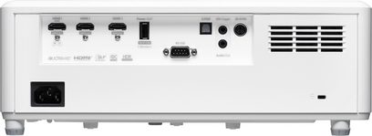 Projetor Optoma UHZ45 branco visto de frente com conectividades HDMI, HDBaseT, VGA, RS-232, gatilho de 12V, sincronização 3D e portas de áudio