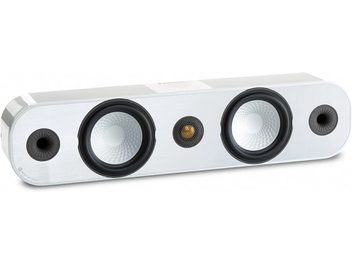 Monitor Audio Apex A40 fehér lakkozott centersugárzó, elölnézet, fehér téglalap alakú ház, 2 fekete kerek hangszóró, fekete rács