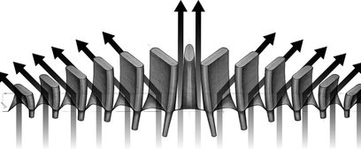 Schema in bianco e nero di lamelle verticali curve e frecce nere, diffusione sonora verso l'alto e i lati
