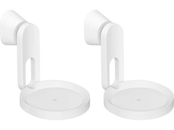 Deux supports muraux blancs pour enceintes Sonos Era 100, vus de face et de profil, avec socle circulaire et bras courbé