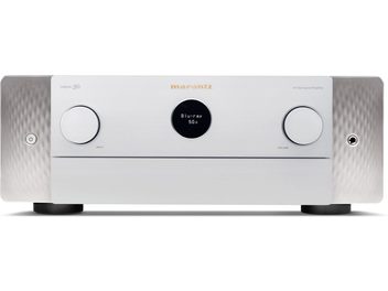Front panel of a Marantz Cinema 50 silver home theater amplifier, sleek and elegant design