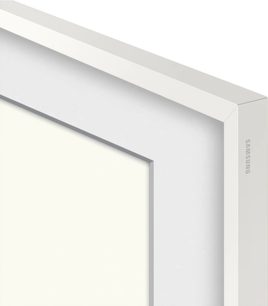 Samsung The Frame tv-lijst 55 inch wit, smalle matte rand, close-up van de bovenhoek