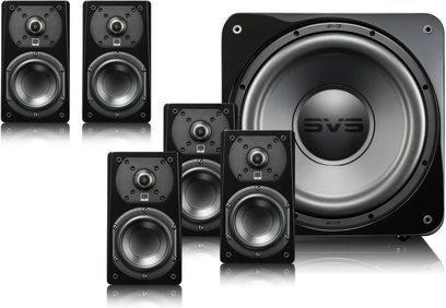 Sæt af SVS Prime 5.1 sort lakerede højttalere bestående af 5 reolhøjttalere og 1 subwoofer, set forfra