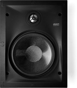 Zapuštěný nástěnný reproduktor Elipson INF IW 6, pohled zepředu, centrální výškový reproduktor, basový reproduktor dole, černý obdélníkový rám