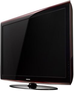 Samsung LE40A626 TV, 40" sort skærm, smal rød lakeret ramme, sort ovalt midterfod, set fra 3/4 vinkel forfra