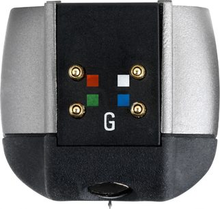 Ortofon MC DIAMOND Plattenspielerzelle, Vorderansicht, 4 vergoldete Anschlüsse, 4 farbige Quadrate, weißer Buchstabe G