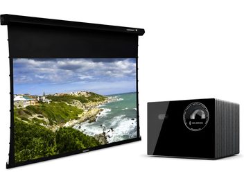 Schermo di proiezione motorizzato nero con videoproiettore Valerion nero a obiettivo frontale, vista frontale e a tre quarti