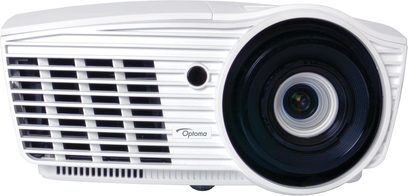 Optoma HD50 hvid projektor set forfra, sort objektiv, ventilationsgitter