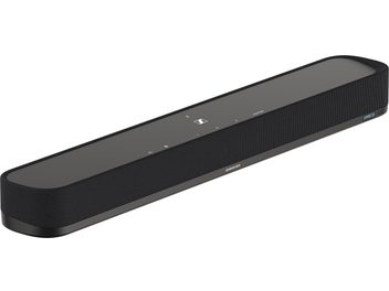 Soundbar Sennheiser AMBEO Soundbar Mini nera, rettangolare, griglia acustica, schermo, riflesso, vista frontale