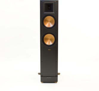 Klipsch RF-82 MkII sort gulvhøjttaler, set forfra, med to runde, forgyldte højttalere og en central diskant