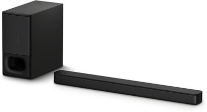 Sony HT-S400 soundbar sort, set forfra, aflange rektangulær form, kubisk subwoofer til venstre med frontgitter