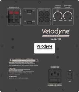 Velodyne Impact X subwoofer met volume-, frequentie- en fasebediening op het zwarte en grijze achterpaneel