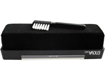 Enova HIFI BVA 10 black vinyl brush, white bristles, black handle, top view of the upper surface