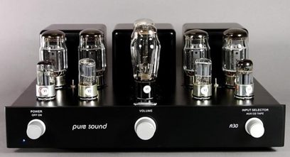 Puresound A30 sort hi-fi rørforstærker, set forfra. 5 vakuumrør, 3 drejeknopper, rektangulær sort frontpanel