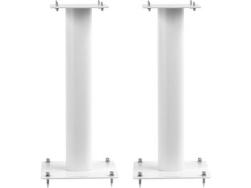 Twee Norstone Design Stylum 1 luidsprekerstandaards in satijnwit, cilindrisch, 60 cm hoog, met metalen plaatjes aan de uiteinden