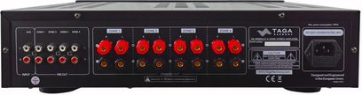 Taga Harmony TA-900MULTI, bagside, RCA-stik, højttalerterminaler, strømkontakt, advarselsmærkater