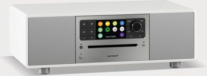 Sonoro Prestige radio in glanzend wit - zilver, vooraanzicht, zijluidsprekers, kleurenscherm en knoppen in het midden