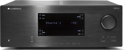 Cambridge Audio CXR200 sort home-cinema-forstærker, sort frontpanel, LCD-skærm, baggrundsbelyste touch-knapper, volumenkontrol