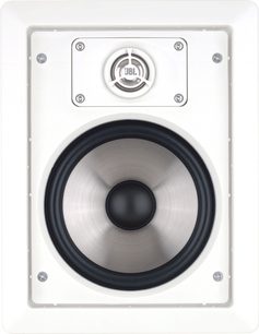 Indbygget JBL SP6II højttaler i hvid, set forfra, med cirkulær baskedel i midten, sort diskant, 4 monteringsskruer i hjørnerne