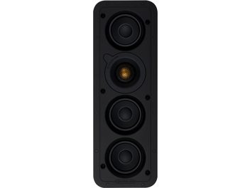 Głośnik ścienny do zabudowy Monitor Audio Super Slim WSS230 w kolorze czarnym, prostokątny, 3 okrągłe przetworniki w układzie pionowym