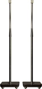 To Cambridge Audio Minx Support 600P højttalerstativer i sort, set forfra, i lodret position på en hvid baggrund