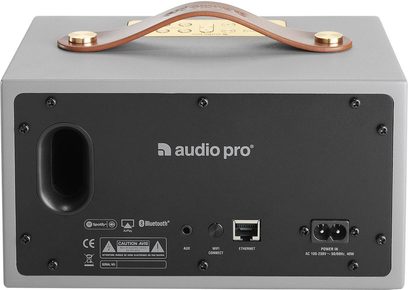Enceinte sans fil connectée Audio Pro ADDON C3 gris, vue de face, poignée en cuir, connectiques à l'arrière