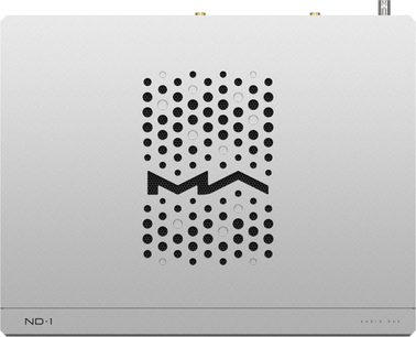 DAC-ljudomvandlare Matrix Audio ND-1 silver sedd uppifrån med perforerat mittgaller och utskuren M-logotyp