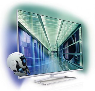 Philips 55PFL7108H fladskærms-TV, slankt sølvfarvet rammedesign, kromfod, futuristisk blågrøn billedkorridor