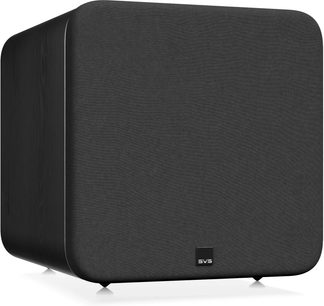 Subwoofer SVS SB-3000 R|Evolution em madeira preta, frontal em tecido preto com cantos arredondados, vista em três quartos
