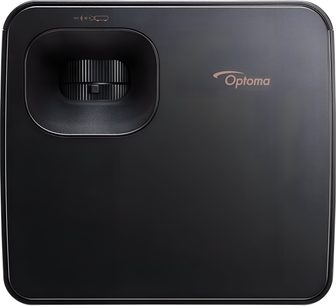 Videoproiettore Optoma Photon Life PK31 nero in plastica, vista dall'alto, obiettivo incassato con ghiera dentellata, logo a destra