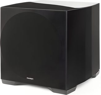 Paradigm Defiance S12 black lacquered subwoofer, fabric grille front, angled feet, three-quarter front right view