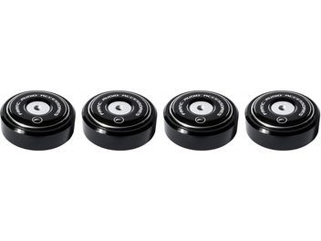 Quattro piedini circolari neri Franc Audio Accessories Ceramic Disc Slim, visti dall'alto su sfondo bianco
