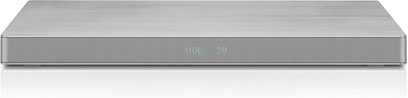 Stříbrný podlouhlý obdélníkový soundbar Panasonic SC-HTE180EGS s kovovou mřížkou na přední straně, pohled shora