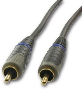 To mørke grå RCA han-han audiokablerne med forgyldte stik, grå flettet kappe, cirka 1 meter lange