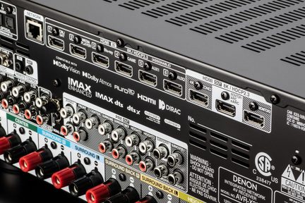 Denon AVR-X Heimkino-Receiver von hinten, 8K-HDMI-Anschlüsse, RCA und mehrfarbige Surround-Lautsprecherklemmen