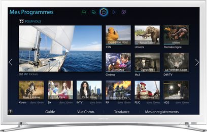 Skærmbillede af "Mine programmer"-grænsefladen på Samsung UE32H4510-tv'et, der viser et gitter med 16 miniaturebilleder af forskellige tv-programmer