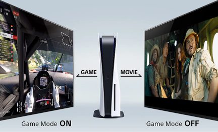 Witte en zwarte console in het midden, linkerscherm met racespel, rechterscherm met film, tekst "Game Mode AAN/UIT"