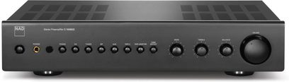 NAD C165BEE Graphit-Stereo-Vorverstärker, schwarze Frontblende mit Knöpfen und Anschlüssen, Frontansicht