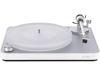 Platine vinyles hi-fi ClearAudio Pack Concept Edition silver, vue de face, plateau transparent, bras de lecture argenté, bouton de commande circulaire