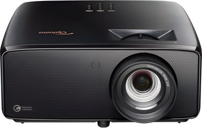 Černý projektor Optoma Photon Beam PK52, čelní pohled s velkým kruhovým zoomovým objektivem