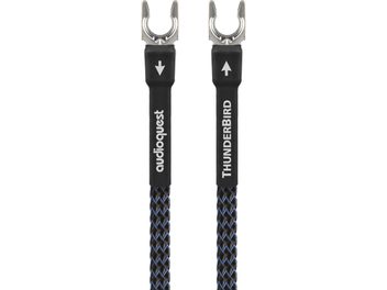ThunderBird GroundGoody phono-kabel 3m, frontvisning, sølvfargede metallkontakter, svart og blå flettet kabelstrømpe, hvit skrift