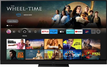Televizor Panasonic TV-77Z93AEG s vysokým rozlišením, na obrazovce zobrazující streamovací rozhraní s různými aplikacemi a obsahem