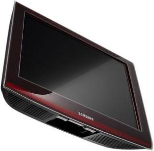 Samsung LE40A676 fladskærms-tv set fra siden, sort flad skærm, dyb rød blank ramme, sort base